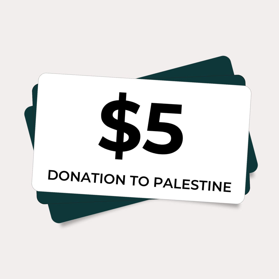 A graphic image of a $5 bill with the text 'DONATION TO PALESTINE' printed below the denomination.