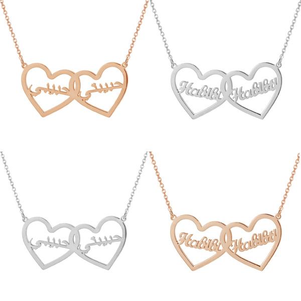 ZUDO-Double-Heart-Name-Necklace-English - Arabic-Rose gold - silverldGold